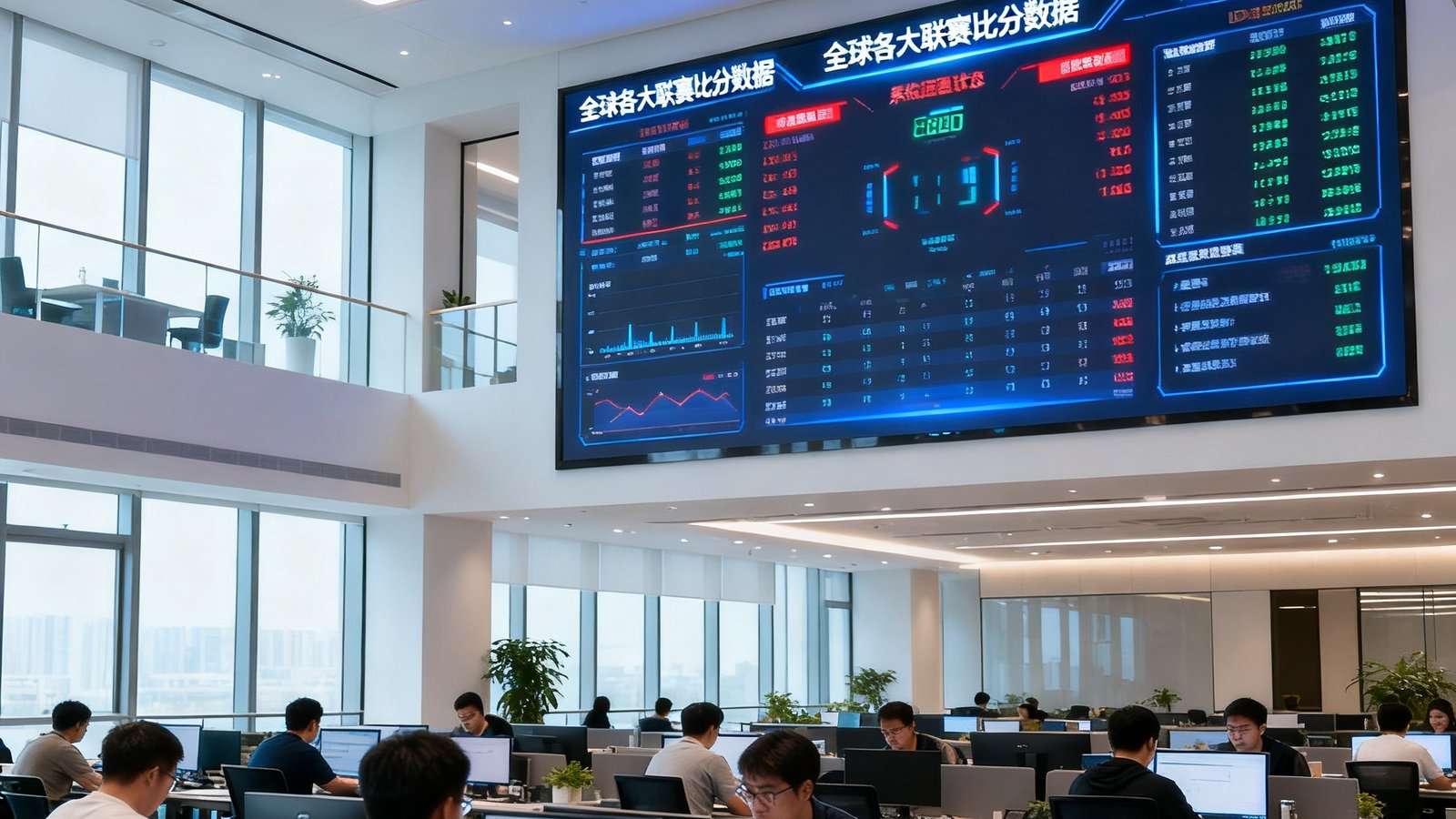 蓝鲸体育北京总部现代化开放式办公区，墙面上悬挂巨型LED数据监控屏幕，实时滚动展示全球各大联赛比分数据和系统运行状态，数十名员工在明亮的环境中专注工作。