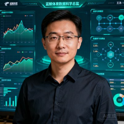 蓝鲸体育数据科学总监王浩，机器学习专家，背景为数据模型可视化界面。