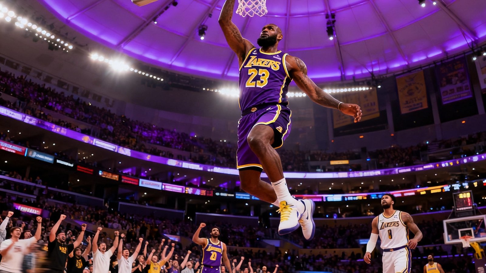 NBA季后赛湖人主场精彩集锦，詹姆斯突破防守完成一记势大力沉的单手劈扣，球馆紫色灯光映照全场，观众起立欢呼。